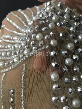Intermitent Argint Cu Pietre Perla Franjuri Rochie Transparentă De Înaltă Gât Tinuta Bar Femei Rochie Dans De Ziua Celebra Rochie