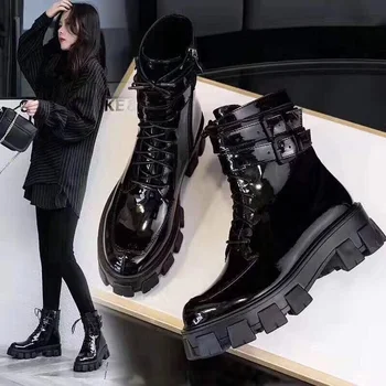 Noi femeile glezna cizme toamna iarna din piele de brevet de scurtă pantofi platforma femeie tocuri groase petrecere punk pantofi de club de bază cizme