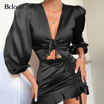 Bclout Moda Cordon Negru Rochie Mini Din Satin Gol Afară De Femei Sexy Rochii Elegante De Mătase Volane Toamna Lady 2021 Vestido