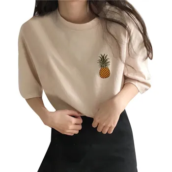 50#Vara 2021 Femei Imbracaminte Femei Supradimensionat Ananas Broderie Amuzant Tricouri Maneca Jumătate O-gât Topuri Largi
