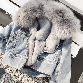 Real blană de Vulpe gros cald denim parka femei de moda de iarnă conservatie real blana de iepure linie de blana detasabil captusit haina calda F504