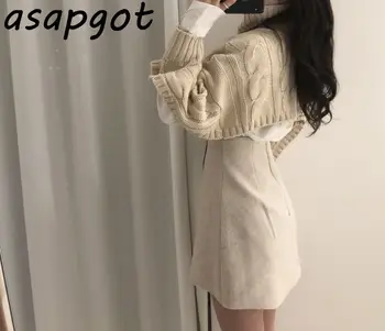 Coreeană Chic De Toamnă Caldă Răsucit Scurt Longsleeve Guler Pulover Tricotat Pentru Femei De Talie Mare Neregulate Fusta Mini 2 Bucata Set