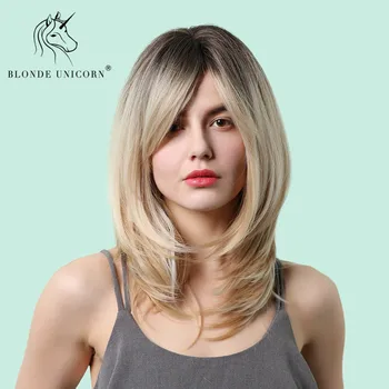 Blonda Unicorn Mediu Și Lung Și Drept Peruci Sintetice Pentru Femei Întuneric Rădăcină Ombre Peruci Blonde Cu Breton Rezistente La Căldură Fibre