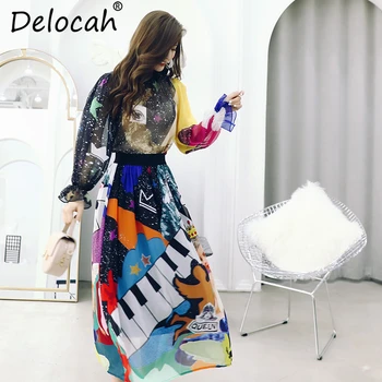 Delocah Femei Primavara-Vara Costume De Pista Designer De Moda Complet Maneca Superba Volane Caracter Print Fusta Set De Doua Bucati