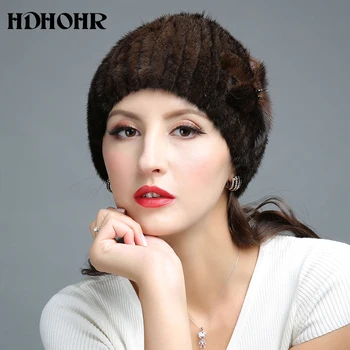 HDHOHR 2020 Nou Caciula de Blana de Iarna Femei Reale Nurca Blană Pălărie de Flori decora Căciuli Tricotate pentru Femei de Moda Capace de Blană