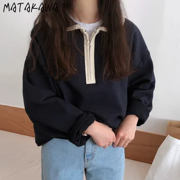 MATAKAWA Simplu Rever Hanorace cu Fermoar Culoare de Contrast Femei Tricou Vrac Coreea Chic de Toamna Casual cu mâneci Lungi Hoodie pentru Femei