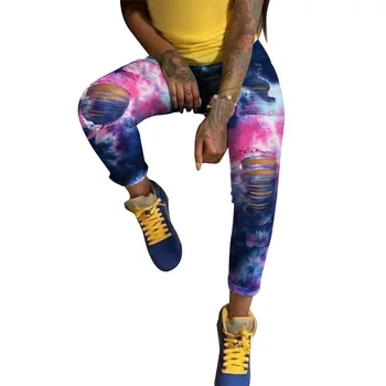 Moda Tie-Dye Print Rupt Blugi Femei Toamna Casual, Skinny, Talie Mare Pantaloni Din Denim Femeie Sexy Genunchi Gol Afară De Blugi În Dificultate