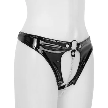 Fierbinte Chilotei Femei Wetlook PVC din Piele Lenjerie Sissy Erotic Bikini Latex Chiloți Pervers Lanț Deschis Picioare G-String Boxeri