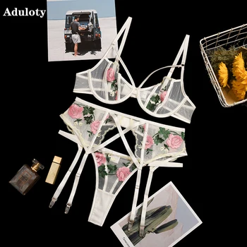 Nouă femei brodate dantelă set de lenjerie de corp underwire s-au adunat sutien sexy portjartier plasă de tifon vedea prin thong set de lenjerie
