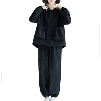 Toamna Noul Costum de Catifea Femei vrac de mari dimensiuni literare Pulover cu Glugă+pantaloni casual două piese de Moda pentru Femei Seturi de Mișcare F014