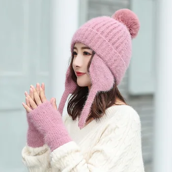 Femei De Iarnă Lână Tricotate Bombardier Pălărie Solid Bile Păros Dulce Gros Plus Catifea Earflap Capace În Aer Liber Cald Rusă Galeria De Arta Elastic