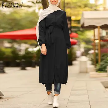 Retro Solidă Rochie Musulman Femei Puff Maneca Sundress ZANZEA Casual Butonul Midi Vestidos cu Centură de sex Feminin Solid Halat Supradimensionate