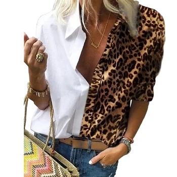 Birou Doamnă Cu Maneci Lungi Leopard Mozaic De Culoare Bloc Tricou Femei Șifon Bluza Casual Plus Dimensiune Topuri