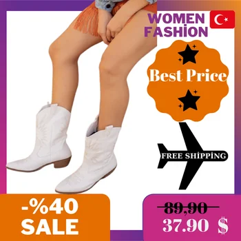 Femei cizme cizme de cowboy cu broderie detaliu nou stil de moda pentru femei cizme de cowboy albe făcute în turcia Recasne