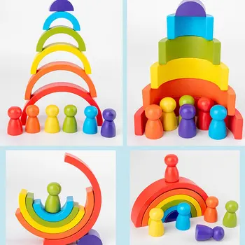Rainbow Pentru Copii Din Lemn Jucarii Creative Curcubeu Arcuit Blocuri De Lemn Jenga Joc Mai Devreme, Jucarii Educative