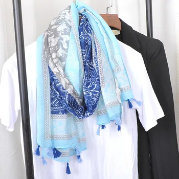 2020 Femei Toamna-African Albastru Mozaic Floral Vascoza Șal Eșarfă De Înaltă Calitate De Imprimare Folie De Pashmina Snood Bufandas Musulmane Hijab