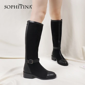 SOPHITIA Genunchi-Cizme Glezna, Catarama de Metal Decor Toc mic cu Fermoar Uzura Ușor de Pluș Iarna 2020 Pantofi Noi Pentru Femei PC817