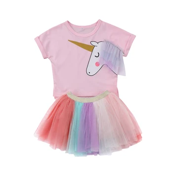 Citgeett Copii Baby Girl Unicorn Top Mâneci Scurte tricou Dantelă Tutu Fusta de Dantela Tinute Set Haine Colorate Drăguț de Vară