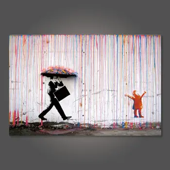 Banksy Mers Pe jos În Ploaie Stradă, Graffiti, Arta de Perete Panza Picturi pe Perete Postere si Printuri pentru Living Decorul Camerei