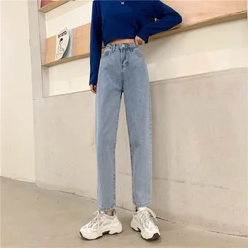 Femei Talie Inalta Blugi Slim Lady Coreea De Largi Picior Pantaloni Drepte Supradimensionate Trunchiate Denim Pantaloni Toamna Albastru Subțire Vrac Pantaloni