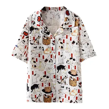 W New Retro Tricou de Vara pentru Femei Vintage Bluza Topuri Cat de Imprimare Rever Maneca Scurta Camisa Liber Casual, Haine de sex Feminin de Moda