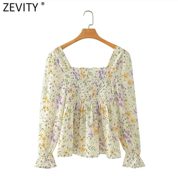Zevity Noi femeile de moda pătrat guler floral de imprimare bluza bluza chic lady elastic volane blusas femininas tricou topuri LS7002