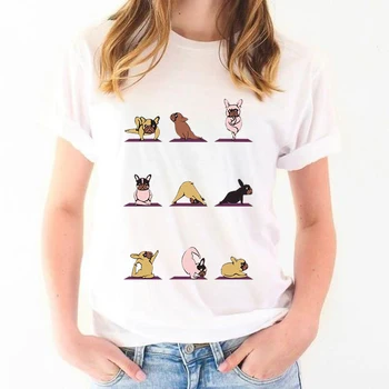 KMOGOER Top Femei Vogue Bulldog francez Tricou Maneca Scurta Tricou Femme Moda Bumbac&Poliester Amuzant T Shirt Femei