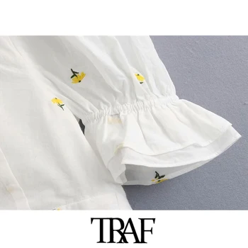 TRAF Femei Dulce Moda Broderii Florale Decupate Bluze Vintage Trage de Maneca Inapoi Papion Femei Tricouri Topuri Chic