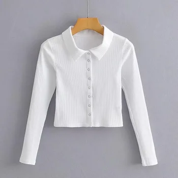 Bluza Vintage femei elegante cu maneca lunga tricou alb lady slim crop tricou femei rândul său, în jos guler bluza cu dungi coreean de top albastru