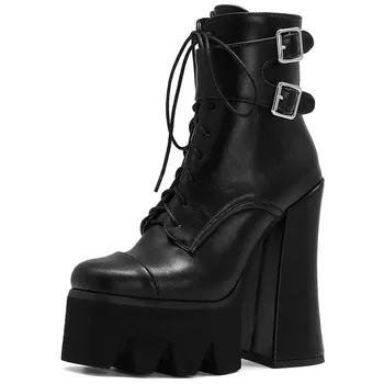 RIBETRINI Sexy Marca Lady Toc Bloc de Designer cu Fermoar Negru Pantofi Solide Tocuri inalte pantofi dantela Glezna Cizme pentru Femei Cizme de Iarna