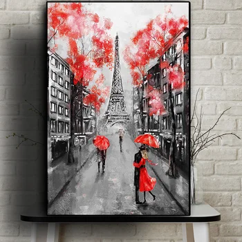 Oraș Romantic Cuplu Paris, Turnul Eiffel, Pictura Ulei pe Panza de Artă Cuadro Postere si Printuri Nordic Poza Perete pentru Camera de zi