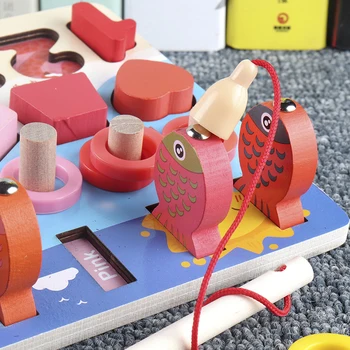 3D din Lemn Montessori Aritmetică Didactice Joc de Pescuit Digital Forma de Potrivire Blocuri Jucarii Educative Pentru Copii