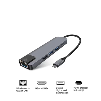 Cele mai noi 5 in 1 USB de Tip C Hub Hdmi 4K USB C Hub pentru Gigabit Ethernet Rj45 Lan Adaptor pentru Macbook Pro Thunderbolt 3 USB-C Încărcător