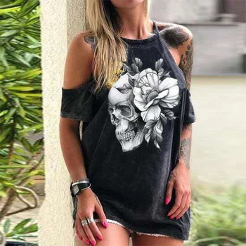 Casual Femei Craniu Floare De Imprimare Tricou Bluza De Vară 2020 Stilul Punk Pierde Tricouri Fără Mâneci Sexy De Pe Umăr Halter Blusa Topuri