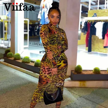Viifaa Multicolor Print Leopard Club Elegant cu Maneca Lunga Halat Femei Rochii Midi Elastic Bodycon Rochie pentru Petrecere