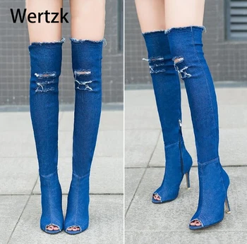 Wertzk Femei Cizme de vara toamna peep toe Peste Genunchi Cizme de calitate Înaltă elastic blugi, cizme de moda tocuri inalte cizme S249