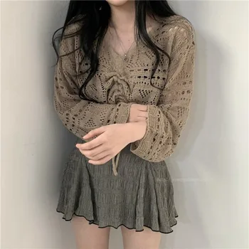 2021 V Gatului Maneca Lunga Femei Haine de Toamna Stil coreean Hollow-out Tricot pentru Femei Cămăși Casual Vrac Solid Femei Bluza 10194