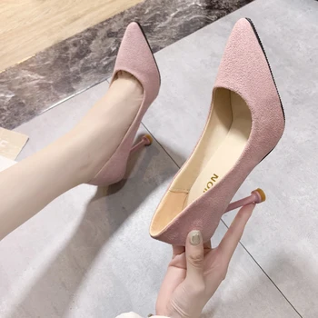 2019 Nou Birou Doamnă Pantofi de piele de Căprioară Faux Tocuri inalte Pantofi Femeie a Subliniat Toe Pantofi Rochie de Bază Pompe de Femei Barca zapatos mujer
