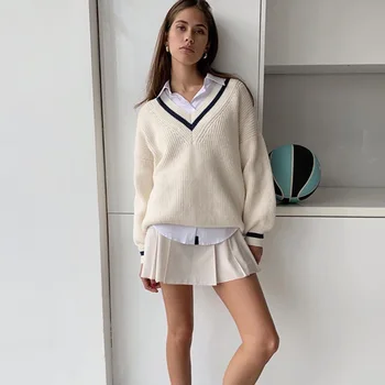 Paris Fată Solidă V-Neck Pulover Supradimensionat Femei Casual Pierde Tricotate Jumper Doamnelor Stil Preppy Epocă Coreean Tricotaje De Toamna
