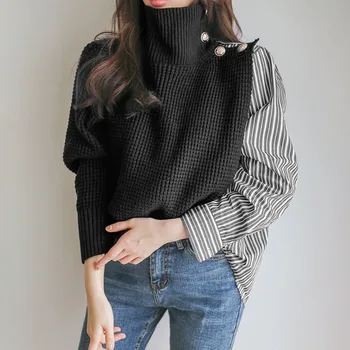 Femeile Din Coreea De Guler Indesata Pulover Supradimensionat Mozaic Tricota Pulovere Pulover Și Săritor 2020 Primăvară De Iarnă Tricotate De Sus