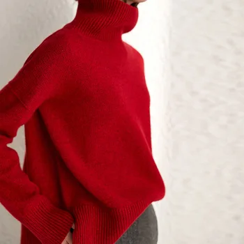 Pulover de cașmir toamna și iarna cu guler de moda pentru femei vrac exterior purta bază tricotate pulover gros