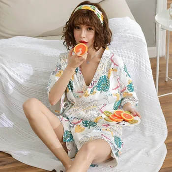 Kimono pentru Femei PyjamasSummer de Bumbac Mâneci Scurte, Două piese Japoneze Fete Sexy Pijama Set Tricouri Deschise Acasă se Potrivește Sleepwear