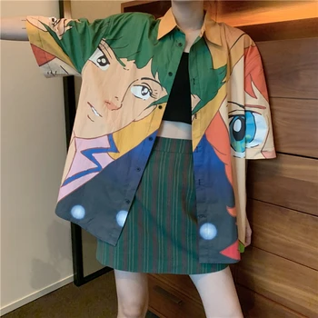 Anime Imprimare Harajuku T Shirt pentru Femei Doamnelor Vara Tricou Ulzzang Stil coreean Graphic Tee Topuri Butonul Up Cardigan Lung