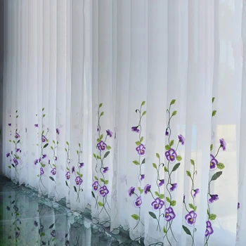 Pastorală Alb Pur Tul Brodat Floare Violet Perdele pentru Dormitor, Camera de zi Ecran de Fereastră Perdea pentru Bucatarie Decora
