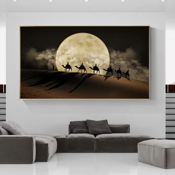 Peisaj Panza Pictura Deșert Arta de Perete Postere Si Printuri de Cămilă în Deșert Panza de Artă Noapte cu Lună Scena Imagine Decor de Perete