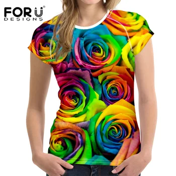 FORUDESIGNS 3D Luminoase Florale Rose T Shirt Femei Destul de Brand de Haine, Bluze Casual Tricouri Blusa Plus Dimensiunea Femei O Gât T-shirt girl