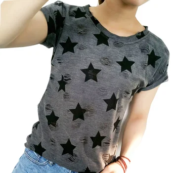 2020 de Vară de Moda Harajuku Gaură T Shirt Doamnelor Maneca Scurta Negru Stea cu Cinci colțuri Vintage Casual T-shirt O-Gât Topuri