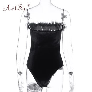 ArtSu Pufos Păros Mozaic Bustiera Fara Bretele Sexy Negru Body Femei Se Potrivesc Bodycon Salopeta De Pe Umăr Catifea Costume Noi