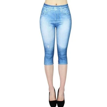 2020 Noua Moda De Vara Pencli Pantaloni Talie Mare Fluture De Imprimare Imitație Denim Slim Femei Vițel Lungime Pantaloni Skinny Jeggings