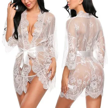 Femei Dantelă Babydoll Erotic Sleepwear Porno Lenjerie Sexy transparent V-Neck Pijamale Halate G-string Set Sex Costum